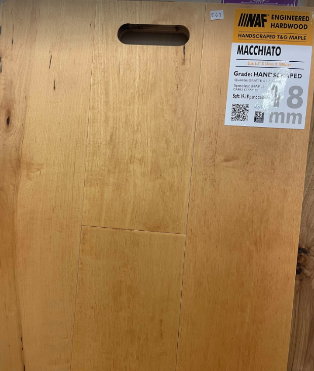 Close-up showing the texture and color of Macchiato NAF maple engineered hardwood flooring.