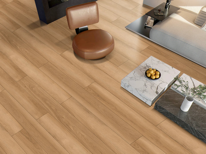 Wooden floor with a small chair and decorative items in a room setting