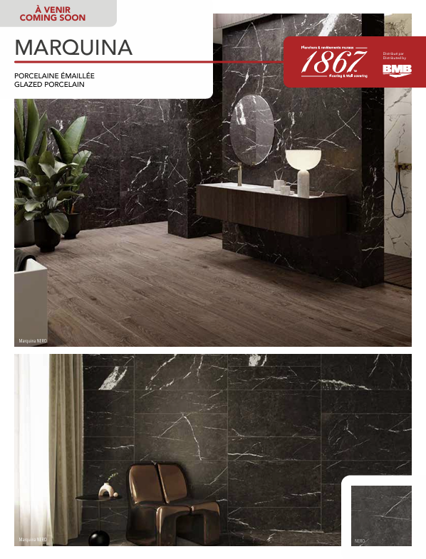 Advertisement for Marquina porcelain tiles with a bathroom setting and brand logo.
