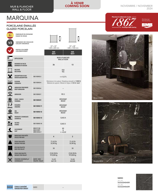 Advertisement for Marquina porcelain tiles with product details and images of a bathroom setting.