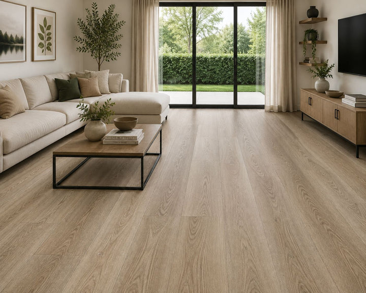 Tosca 9mm WPC vinyl with cork backing in medium brown vinyl flooring in a modern, bright living room. Available at Advanced Flooring