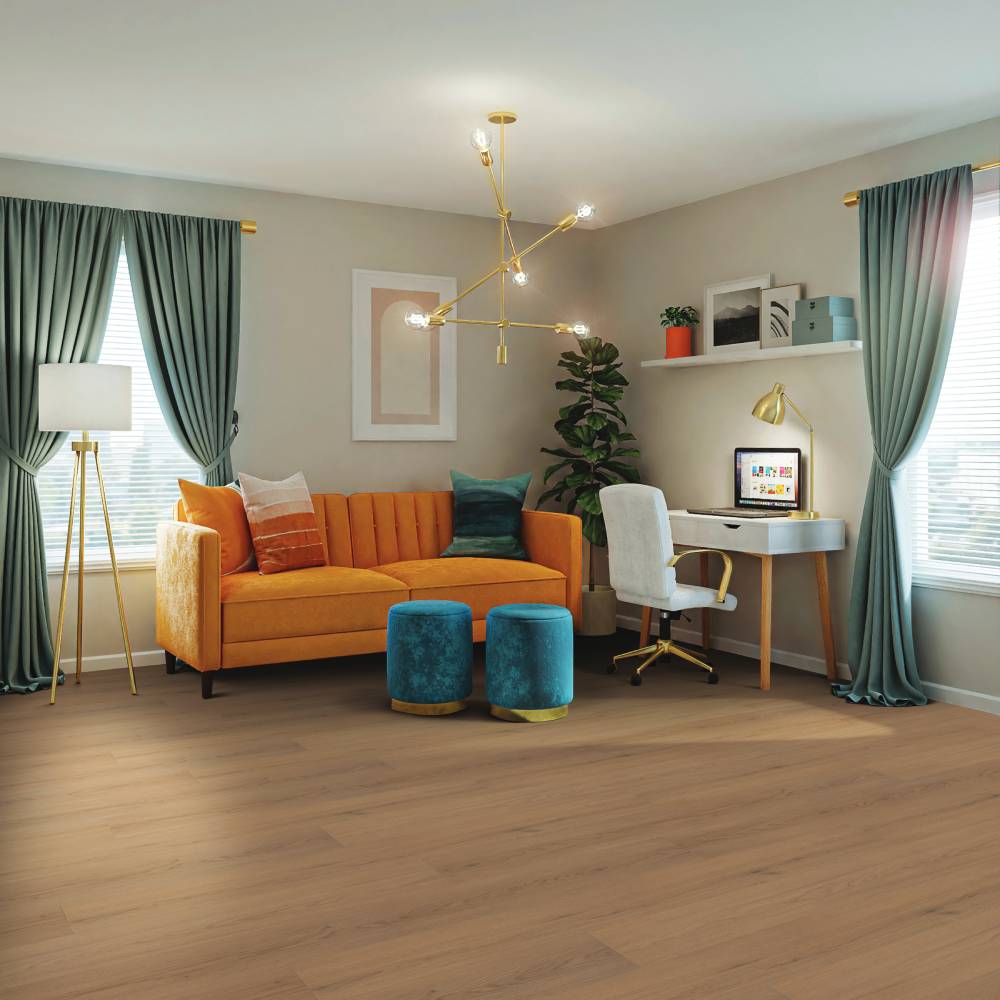 Modern living room with Beaulieu SPC vinyl flooring in Montebello 2326
color. Completely 100% waterproof, pet-friendly, and highly stain-resistant. Available at Advanced Flooring Waterloo. 