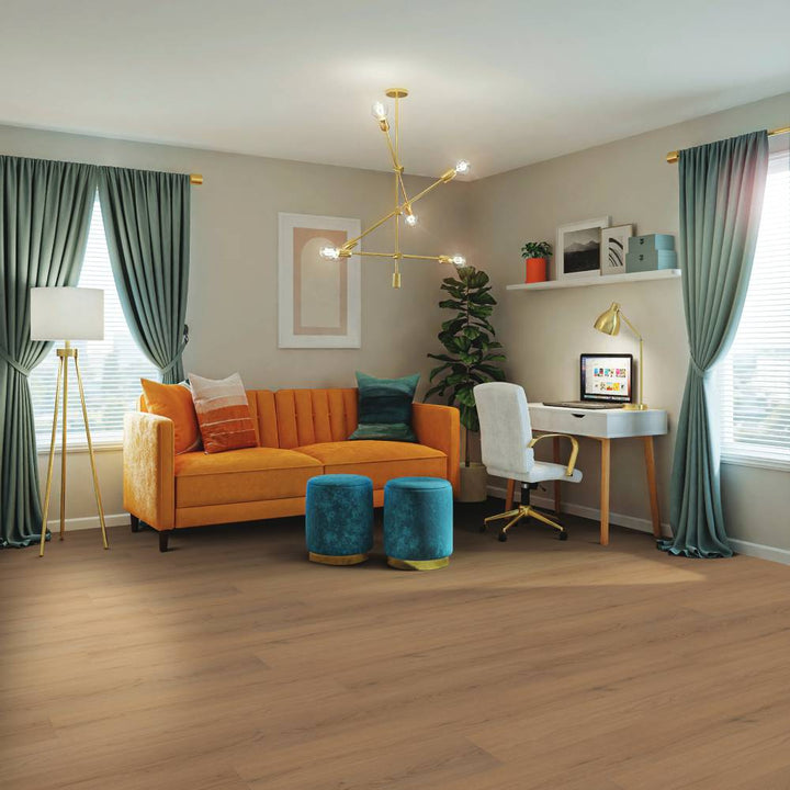 Modern living room with Beaulieu SPC vinyl flooring in Montebello 2326
color. Completely 100% waterproof, pet-friendly, and highly stain-resistant. Available at Advanced Flooring Waterloo. 