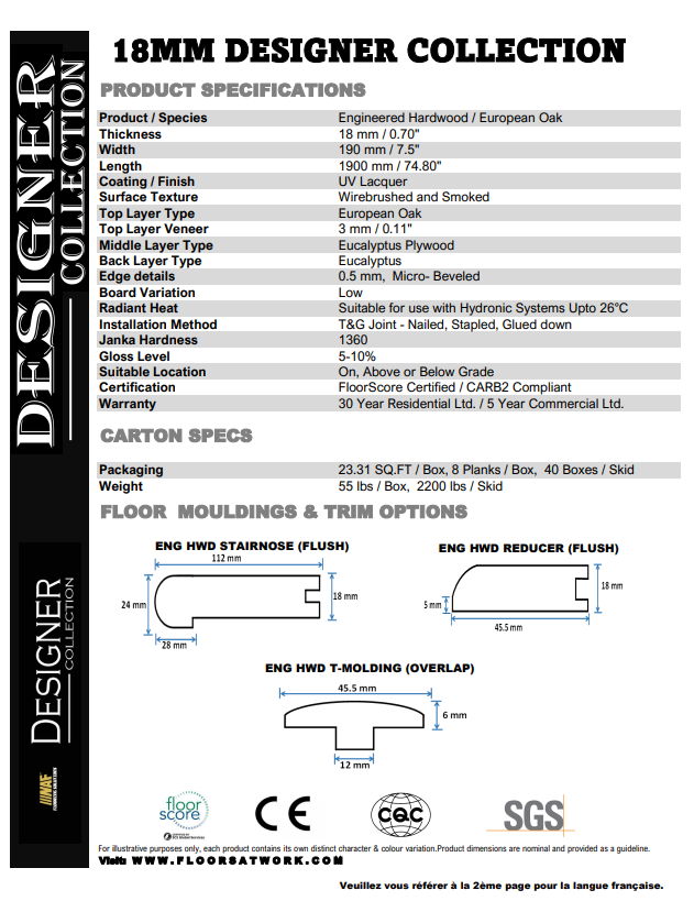 Product specifications sheet for 18MM Designer Collection floor mouldings and trim options.