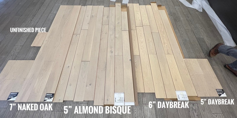 Side by side comparison between Naked Oak, Almond Bisque, Daybreak and unfinished hardwood from VIDAR