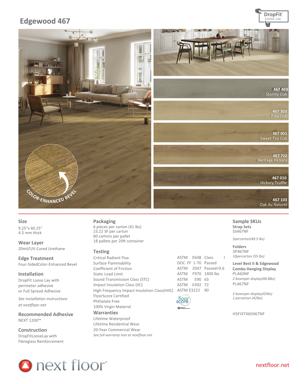 Next Floor Edgewood 467 wood flooring product sheet with color swatches and specifications.