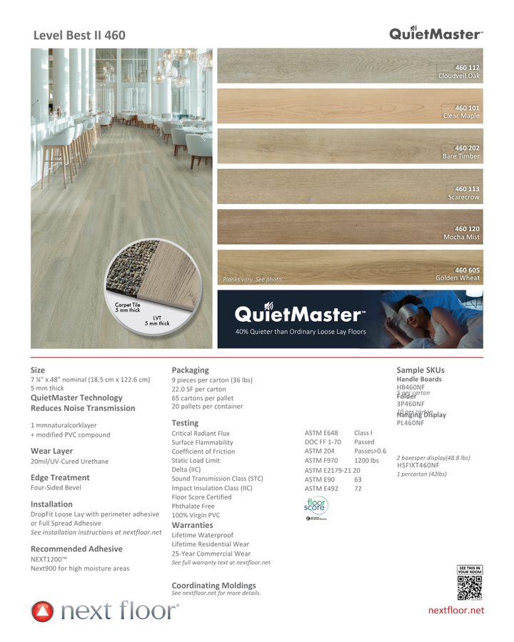 LEVEL BEST II QuietMaster Loose lay Vinyl 5mm product sheet with color swatches and specifications from NextFloor 