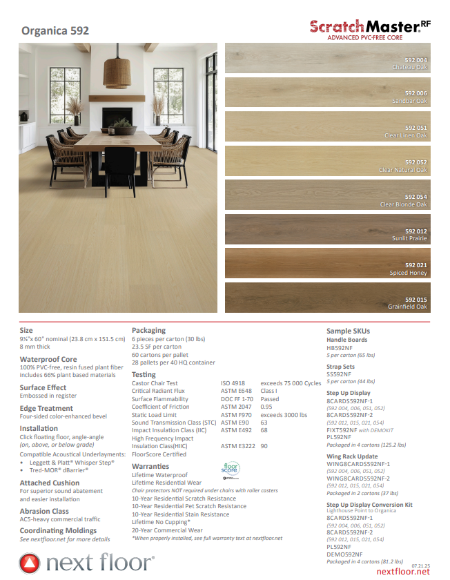 Next Floor Organica 592 flooring sample with color swatches and product details.