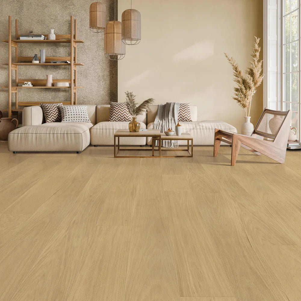 Living room with Clean Oak engineered hardwood floors, light natural wood look creating a bright space — popular across Ontario and Canada.