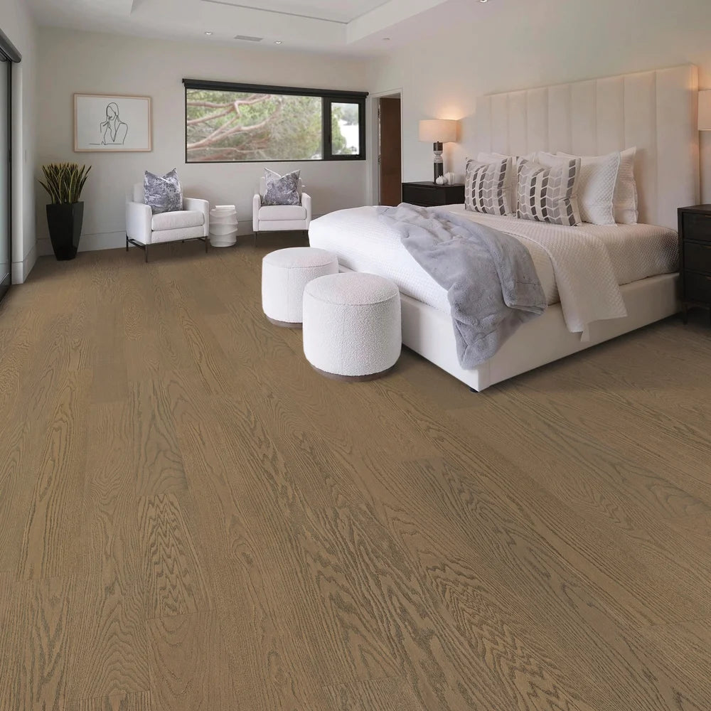 Cozy bedroom with Ecru Oak floors, dark brown tones matching light décor — engineered hardwood flooring available in Canada.