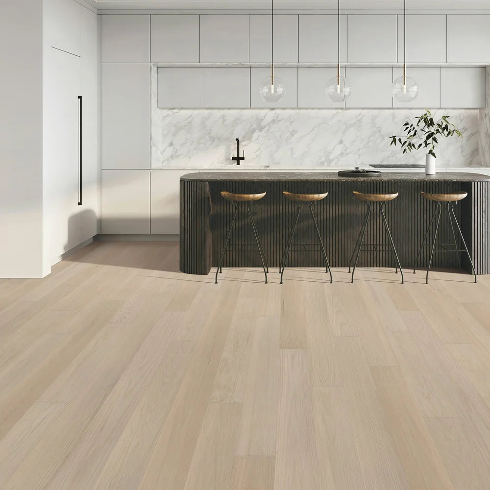 Modern living room featuring Naked Oak flooring with natural knots and soft finish, a favorite choice for Ontario and Canadian homeowners.