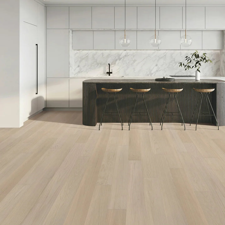 Modern living room featuring Naked Oak flooring with natural knots and soft finish, a favorite choice for Ontario and Canadian homeowners.