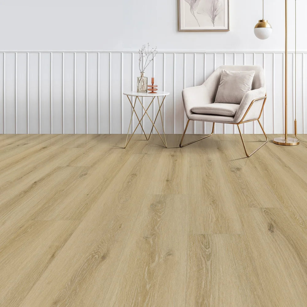 Open concept space featuring Harvest Oak WPC flooring – 9"x72" waterproof luxury vinyl with drop-lock installation, perfect for modern Canadian interiors.