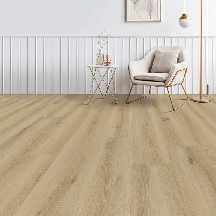 Open concept space featuring Harvest Oak WPC flooring – 9"x72" waterproof luxury vinyl with drop-lock installation, perfect for modern Canadian interiors.