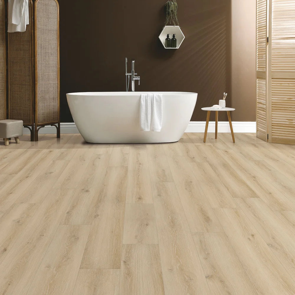 Modern bathroom with Sunlit Oak WPC flooring – 9" wide waterproof planks and natural light oak look – luxury vinyl ideal for homes across Ontario and Canada.