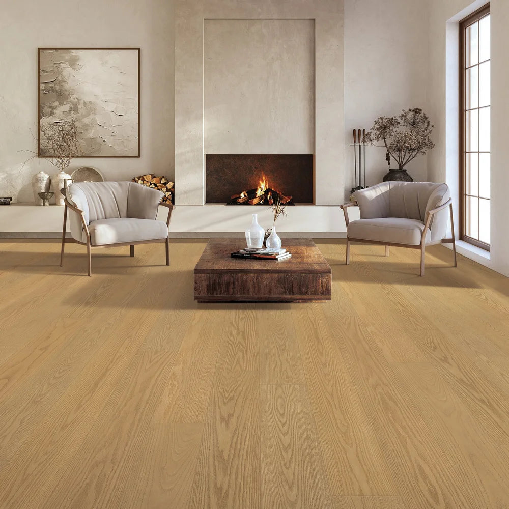Warm living room with Almond Butter Oak engineered hardwood flooring – strong brown tone and wire-brushed texture – available in Ontario and Canada.