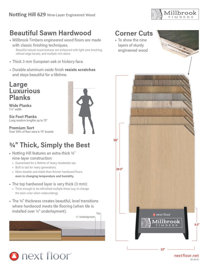 Next Floor Notting Hill engineered oak flooring information guide – product details - T&G joint, glue or float method – wide plank hardwood for homes in Ontario and Canada.