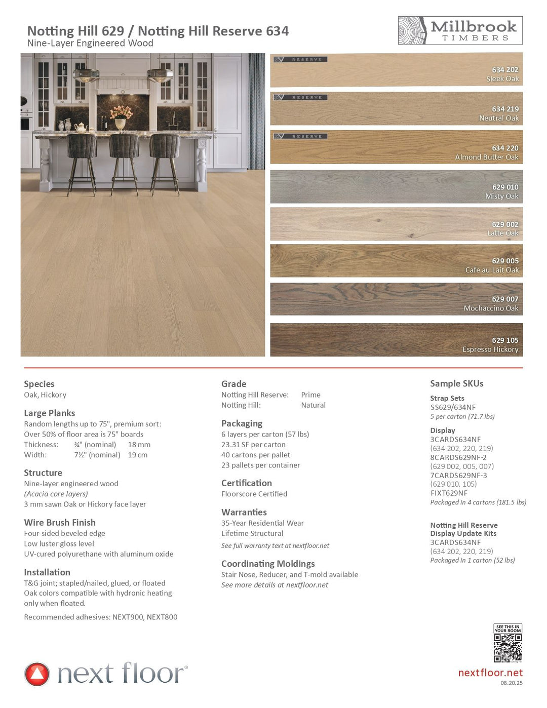 Next Floor Notting Hill collection information sheet showing product specs, FloorScore certification, and 35-year residential warranty – available across Canada.