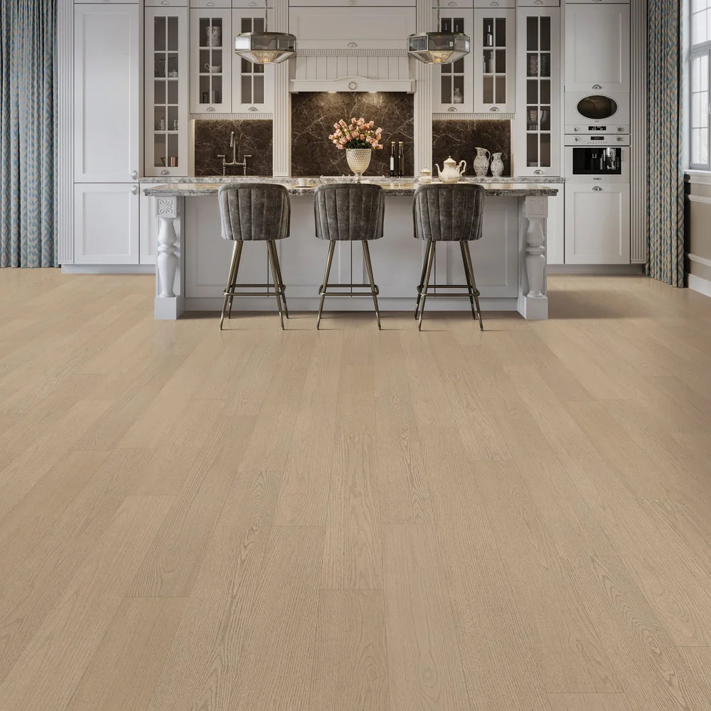 Modern kitchen featuring Neutral Oak floors – medium tone with grey undertone – stylish engineered oak flooring available across Canada.