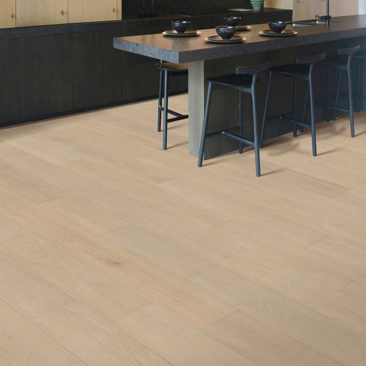 Kitchen with Sleek Oak engineered hardwood floors – light oak color adds bright modern look – wide plank flooring popular in Ontario homes.
