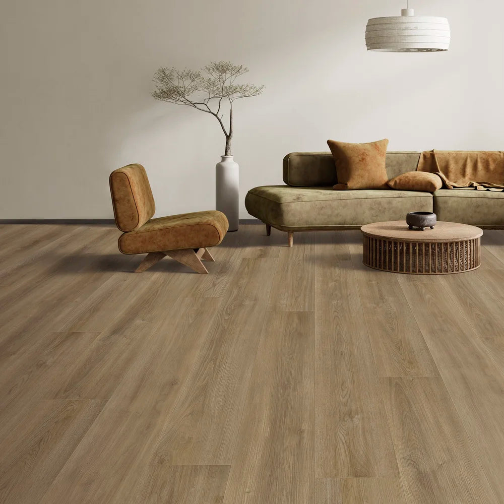 Living room with Autumn Oak SPC vinyl plank flooring – wide 9" waterproof planks and warm oak tone, perfect for modern homes in Ontario and across Canada.