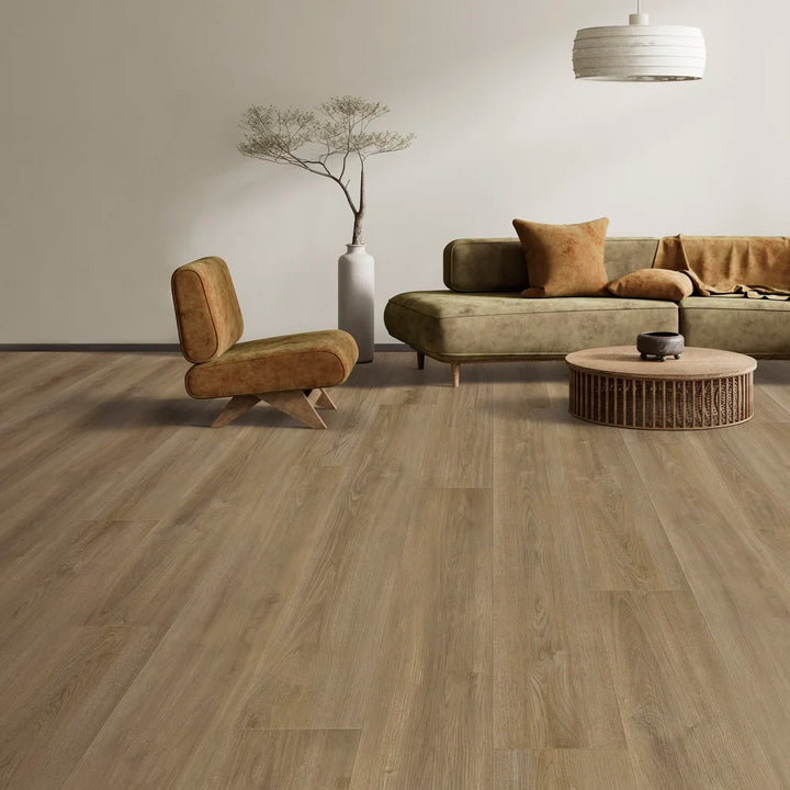 Living room with Autumn Oak SPC vinyl plank flooring – wide 9" waterproof planks and warm oak tone, perfect for modern homes in Ontario and across Canada.