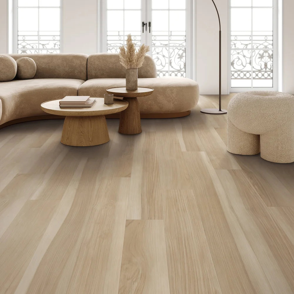 Open living area with Streamline Oak waterproof SPC vinyl flooring – 9-inch wide planks, realistic wood finish, ideal for busy families across Ontario and Canada.
