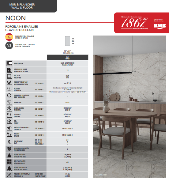 Product information sheet for 'NOON' glazed porcelain with BMB branding on the right.