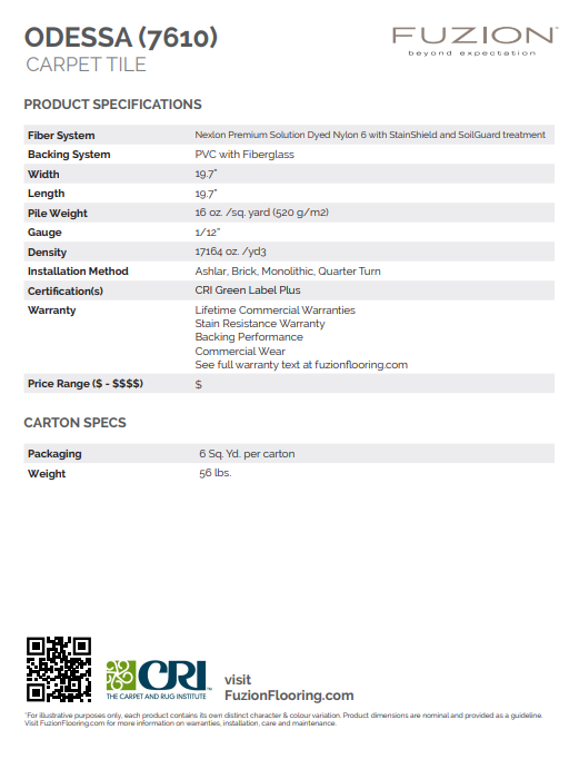 Product specifications sheet for ODESSA (7610) carpet tile by Fuzion on a white background.