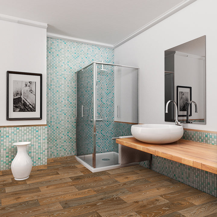 Modern bathroom with wooden floor, shower, and vanity area.