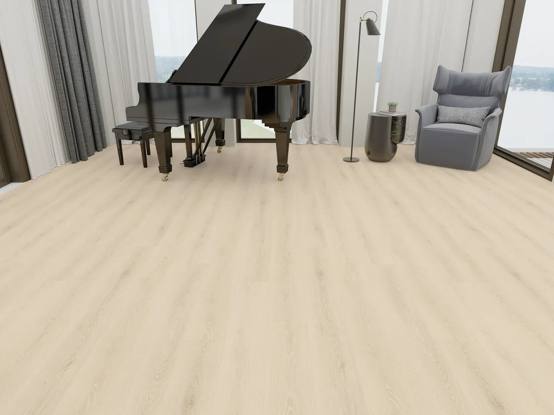 Black grand piano in a room with light wood flooring and large windows.