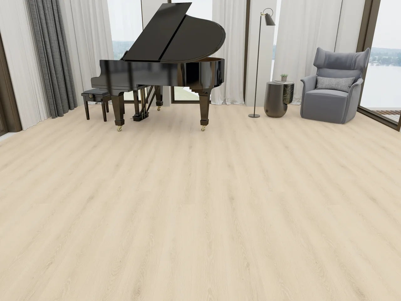 Black grand piano in a room with light wood flooring and large windows.