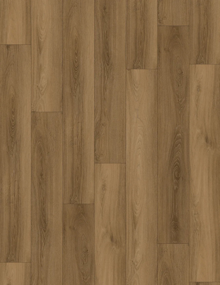 Close-up of a wooden floor with a warm brown color and visible grain pattern.