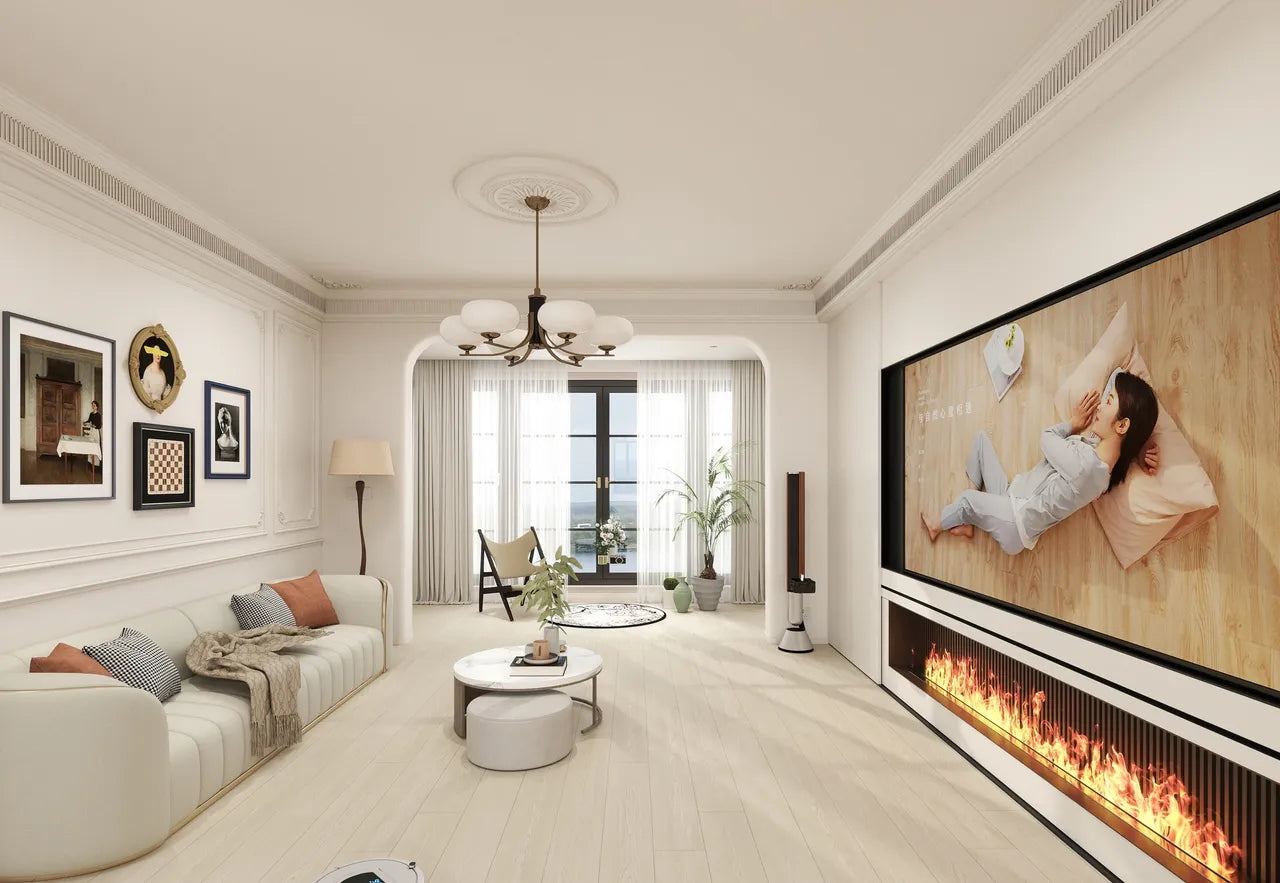 Modern living room with a large TV, fireplace, and decorative elements.