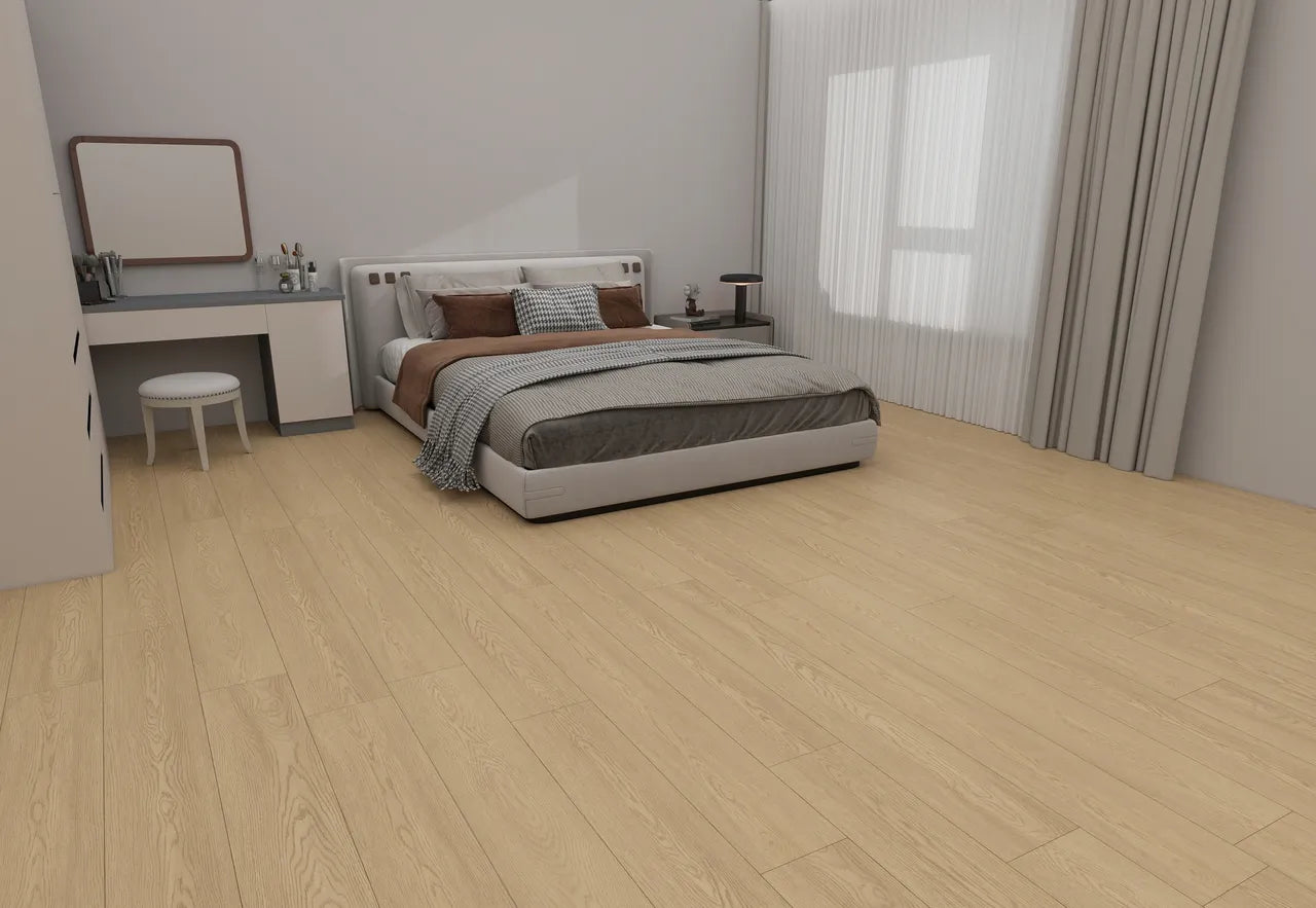 Modern bedroom with a bed, desk, and large window.