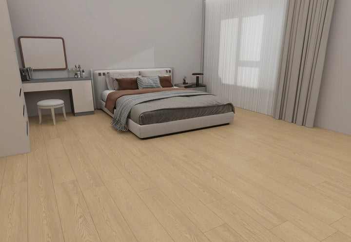 Modern bedroom with a bed, desk, and large window.