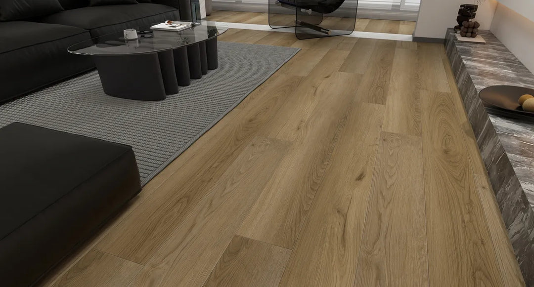 Wooden flooring in a modern living room with furniture.