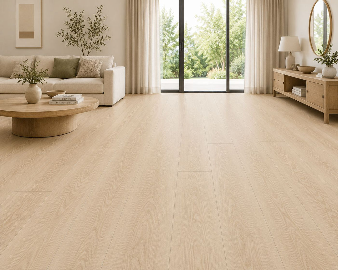Tosca 9807 light oak vinyl flooring in a modern, bright living room. Available at Advanced Flooring. 