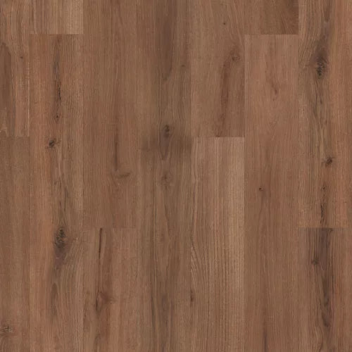 Brown wood-look flooring planks with visible grain, knots, and natural tonal variation.