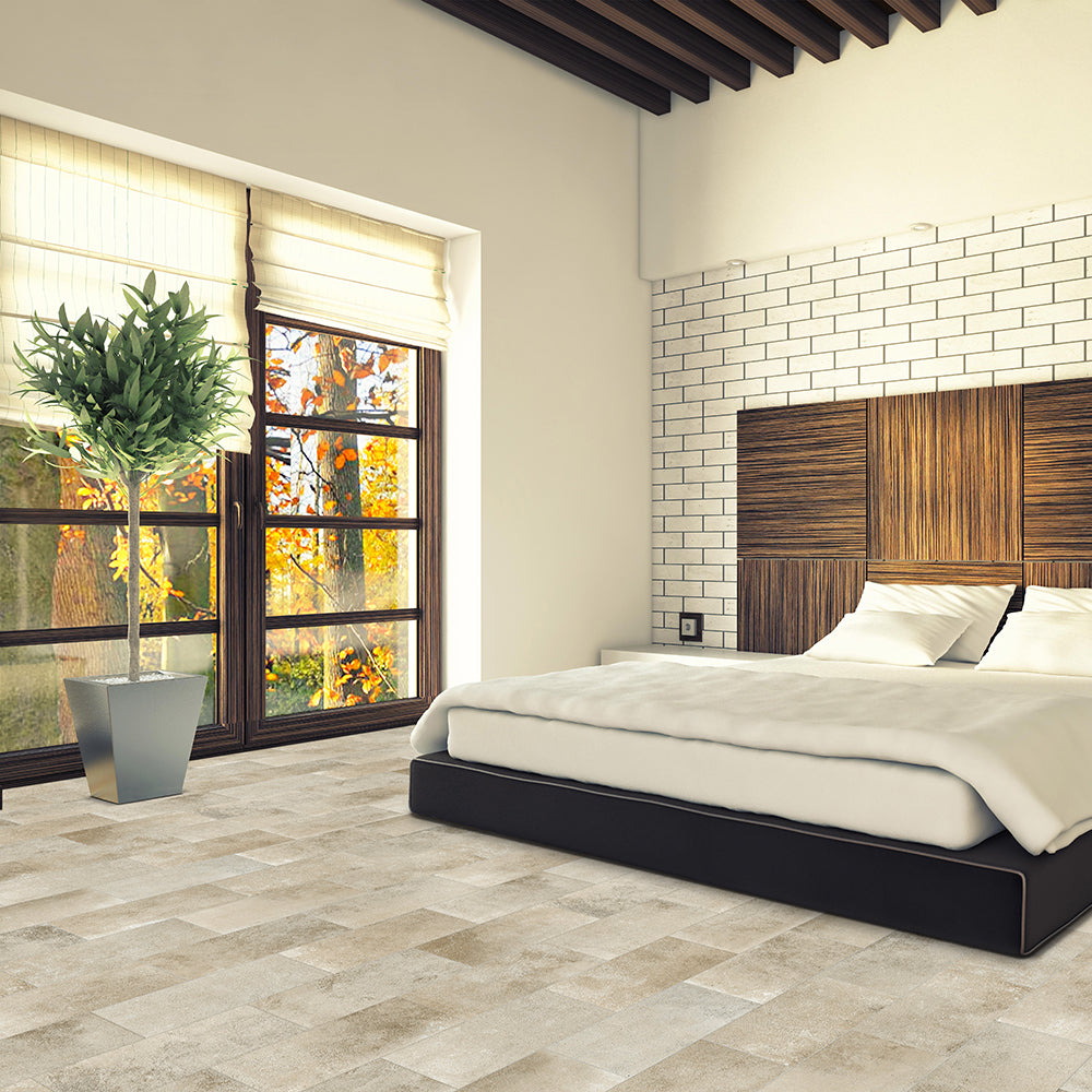 Modern bedroom with a bed, wooden headboard, and large windows.