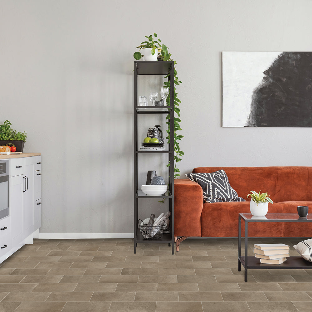 Living room with a red sofa, bookshelf, and decorative items.