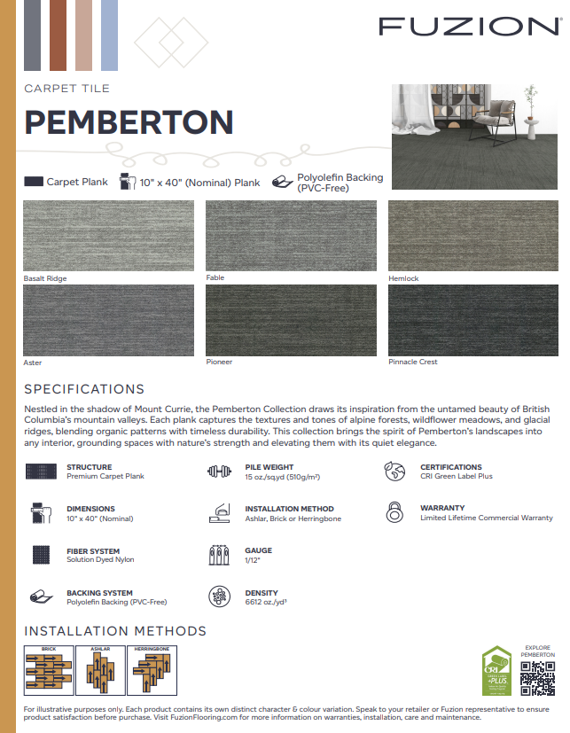 Fuzion Pemberton carpet tile packaging with specifications and installation methods.