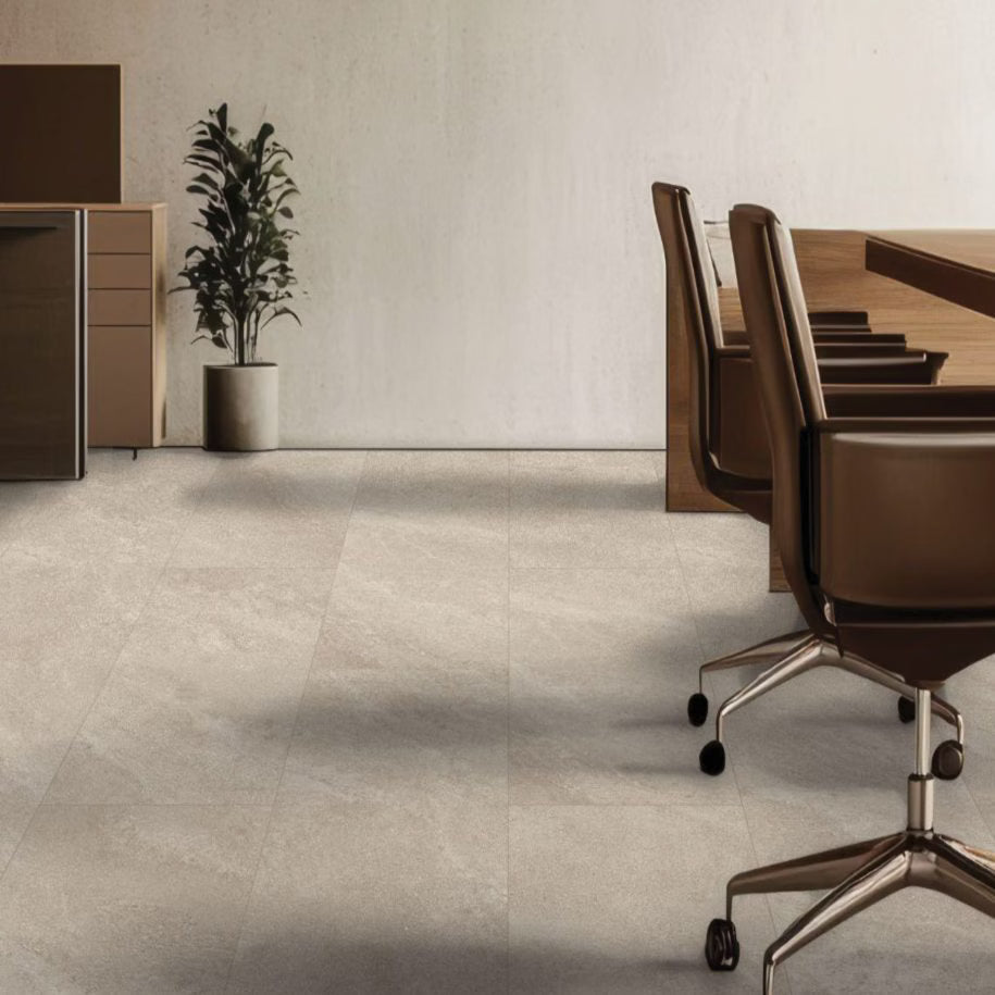 Modern office setting with a long wooden table and chairs, a plant, and a cabinet.
