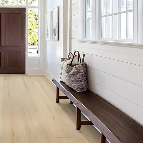 Wooden bench with bags against a white wall in a bright room.