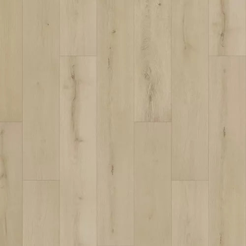 Light beige wood-look flooring planks with subtle natural grain and knot textures.