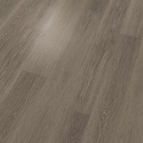 Gray-brown wood-look flooring planks with visible grain and a matte finish.