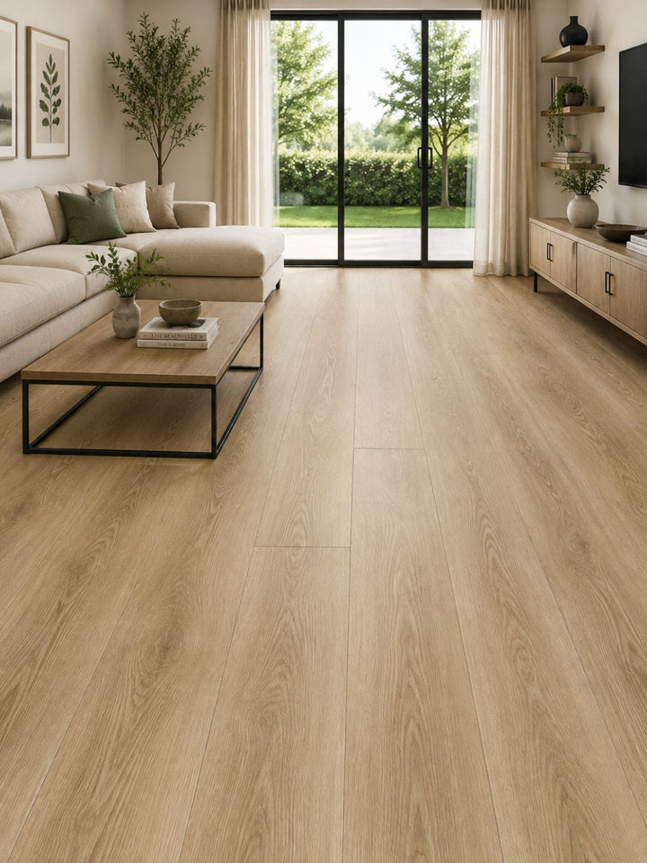 Tosca powder oak color wood-look vinyl flooring in a modern, bright living room. Available at Advanced Flooring