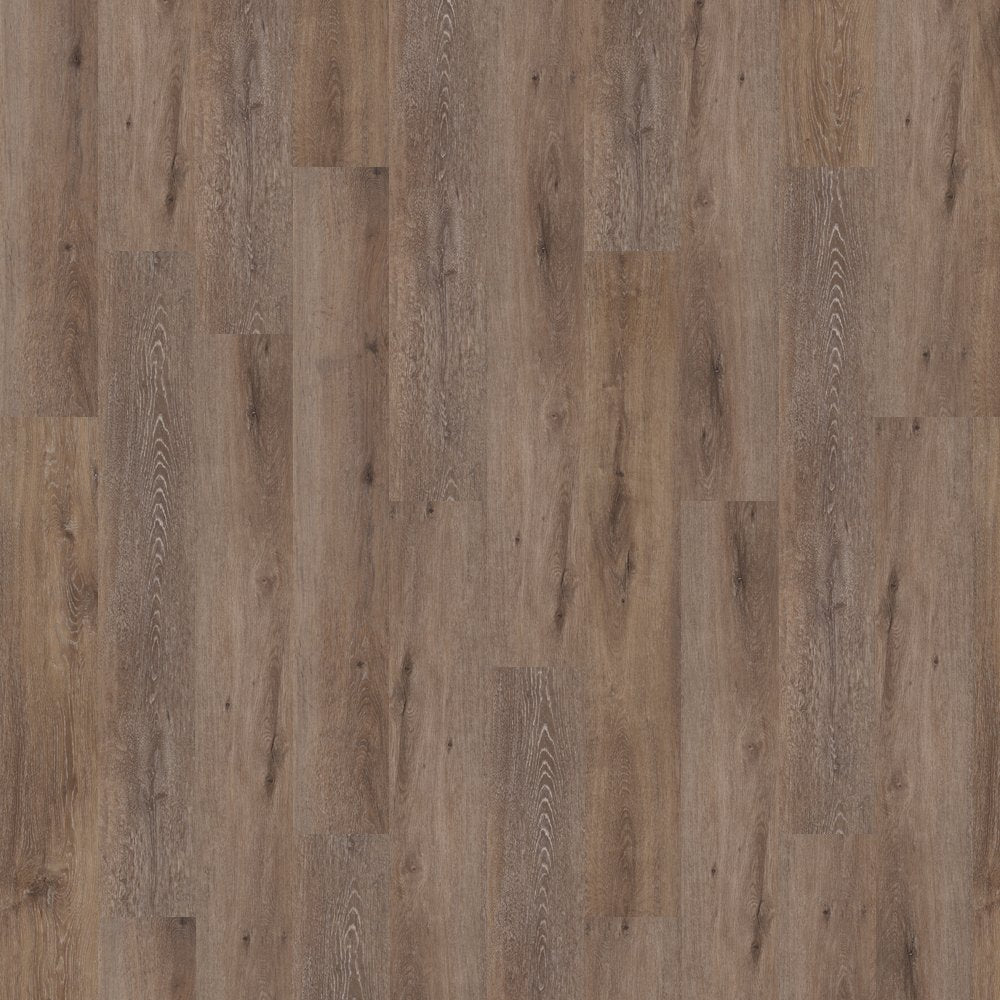 Close-up of wood-patterned flooring with a warm brown color.