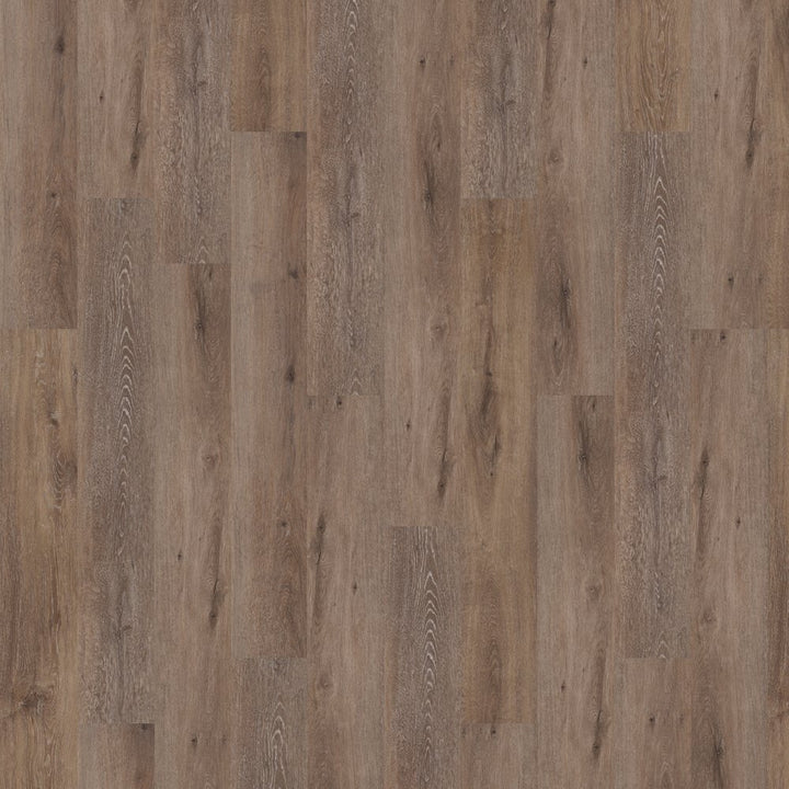 Close-up of wood-patterned flooring with a warm brown color.