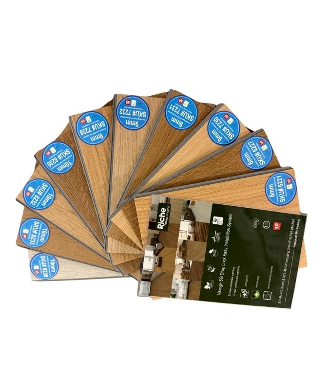 Riche Vinyl samples display, real wood look, durability, and 100% waterproof. 